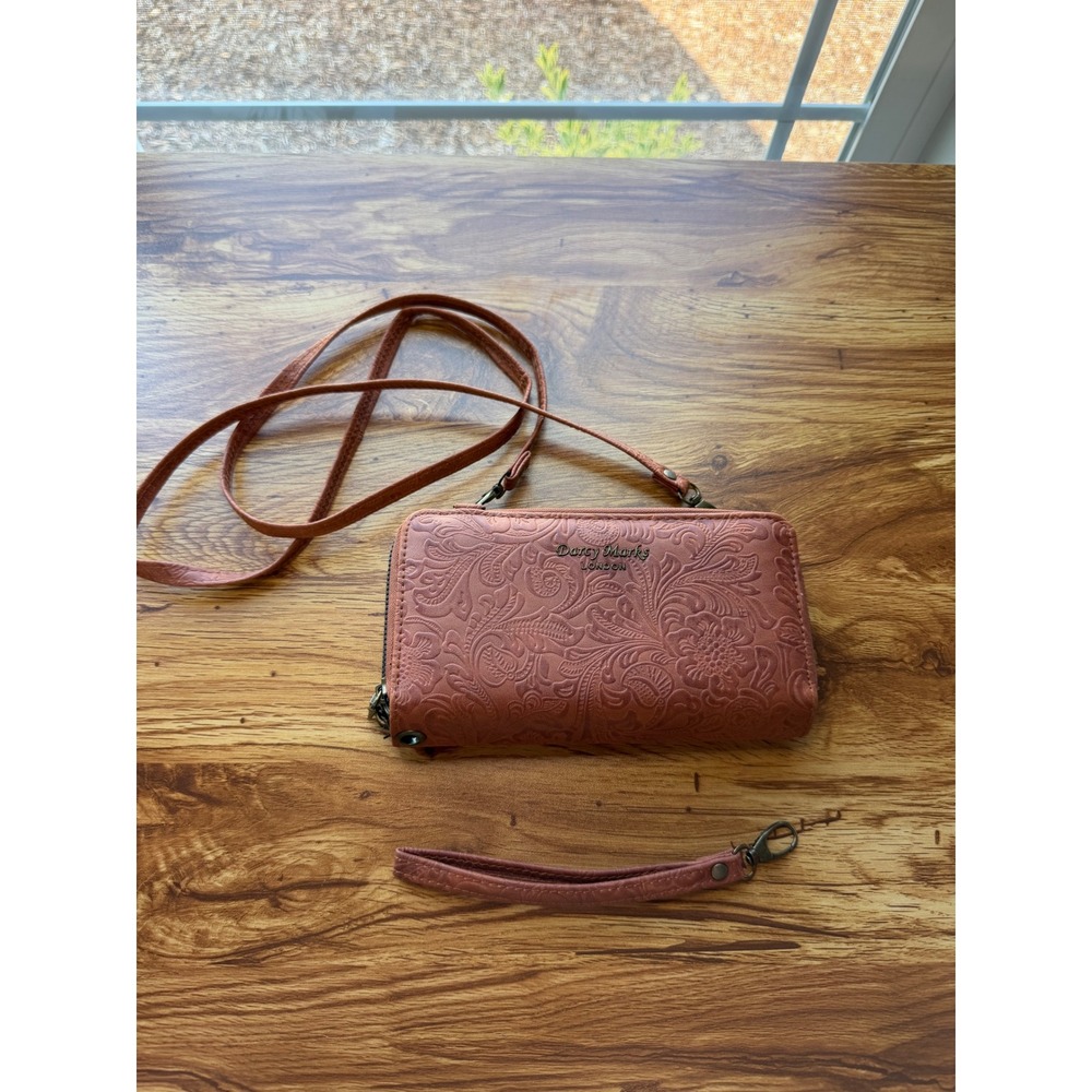 Darcy Marks London Embossed Floral Crossbody Wallet Wristlet Cognac Brown Bag